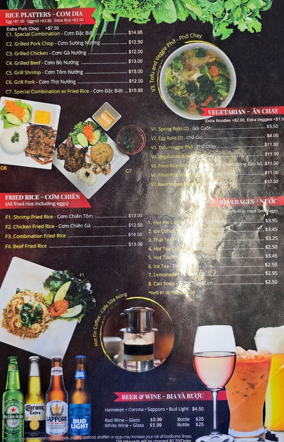 Printed menu for pho, small plates, and comfort food.