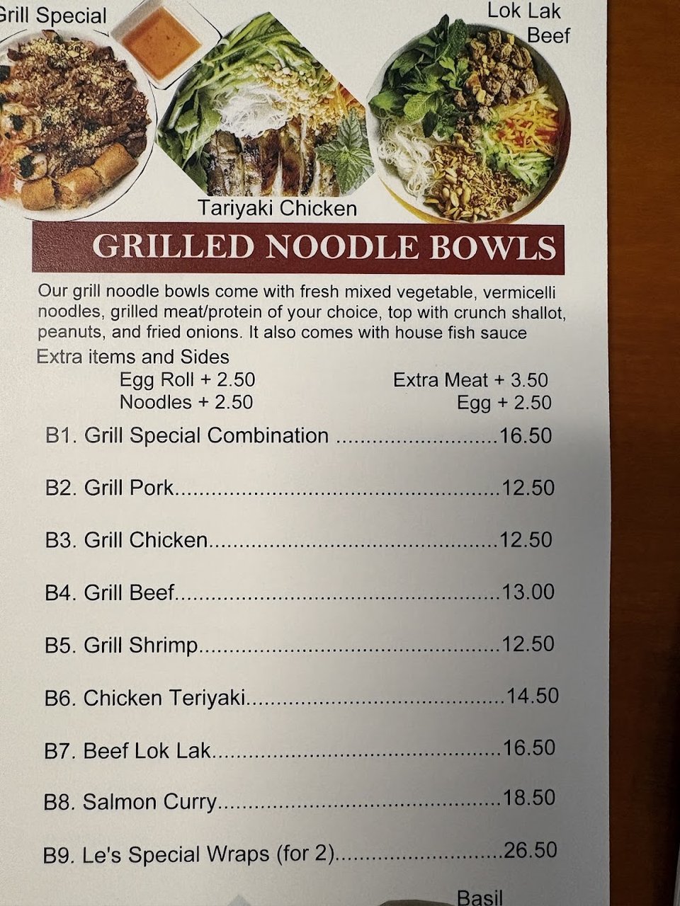 Restaurant menu with lunch, dinner, and dessert sections.